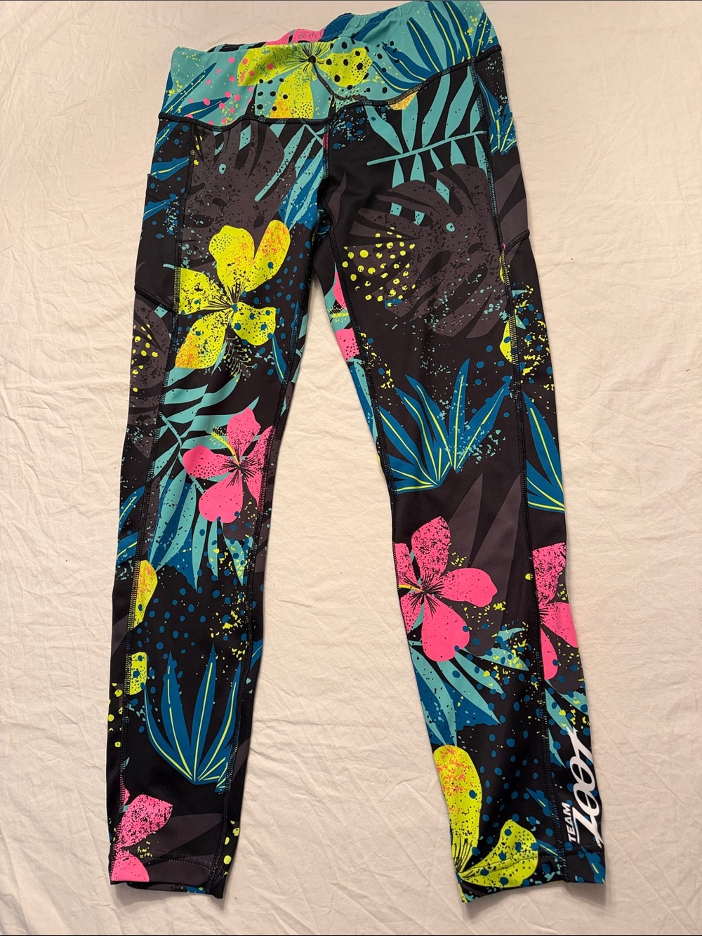 Zoot Black Leggings with Neon Pink, Yellow & Teal Tropical Print